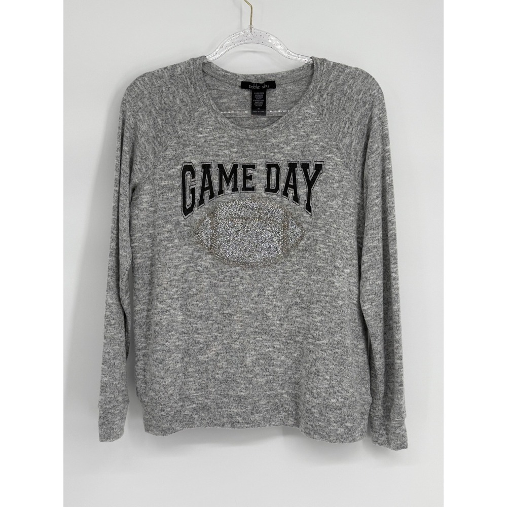 Sable Sky Womens Game Day Football Rhinestone Marled Grey Sweatshirt Sz M